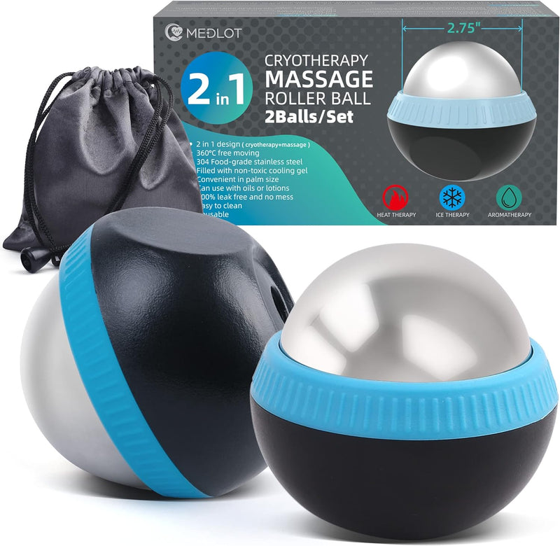 MEDLOT Cold Massage Roller Ball, Set of 2, Cryosphere Ice Therapy Ball for Body Muscle Relief, Roller Massager for Back, Neck, Deep Tissue, Foot Plantar Fasciitis, Myofascial Release