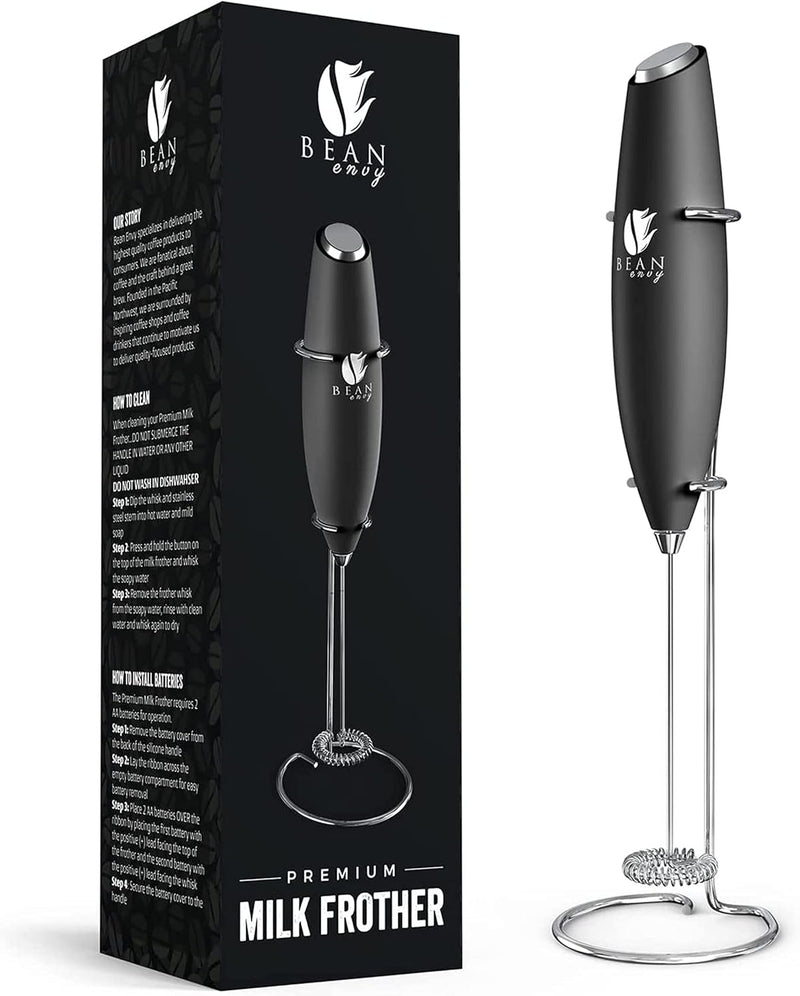 Bean Envy Handheld Milk Frother for Coffee - Electric Hand Blender, Mini Drink Mixer Whisk & Coffee Foamer Wand w/Stand for Lattes, Matcha and Hot Chocolate - Kitchen Gifts - Black