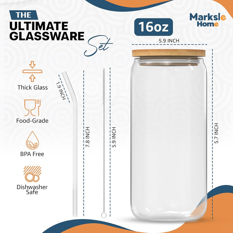 Marksle Home Glass Cups With Lids And Straws - 16oz Iced Coffee Cup 4pcs Set - Glass Iced Coffee Cups with Lids – Glass Tumbler with Straw and Lid - Glass Cups Set - Vasos De Vidrio