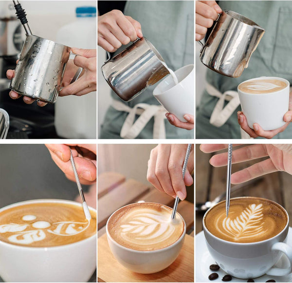 Milk Frothing Pitcher, Stainless Steel Espresso Milk Frothing Pitcher 12OZ/350ML Coffee Milk Frother Cup with Decorating Art Pen for Espresso Machine, Milk Frother, Latte Art
