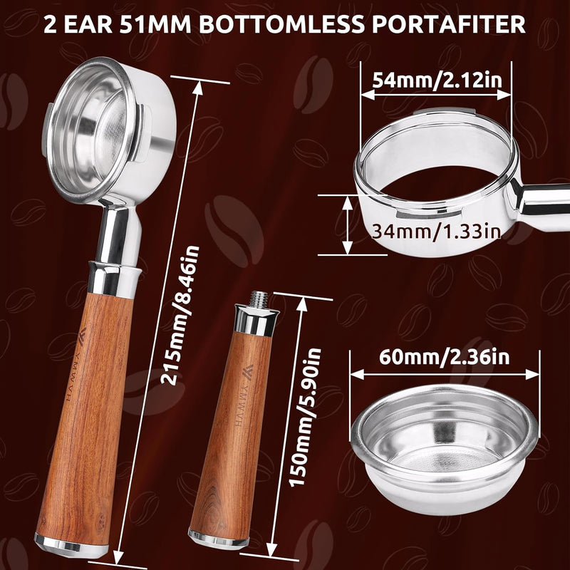 51MM Naked Bottomless Portafilter 2 Ears Fits Delonghi ECP3420/EC155/BCO430/EC260,Stainless Steel Filter Basket and Walnut Handle