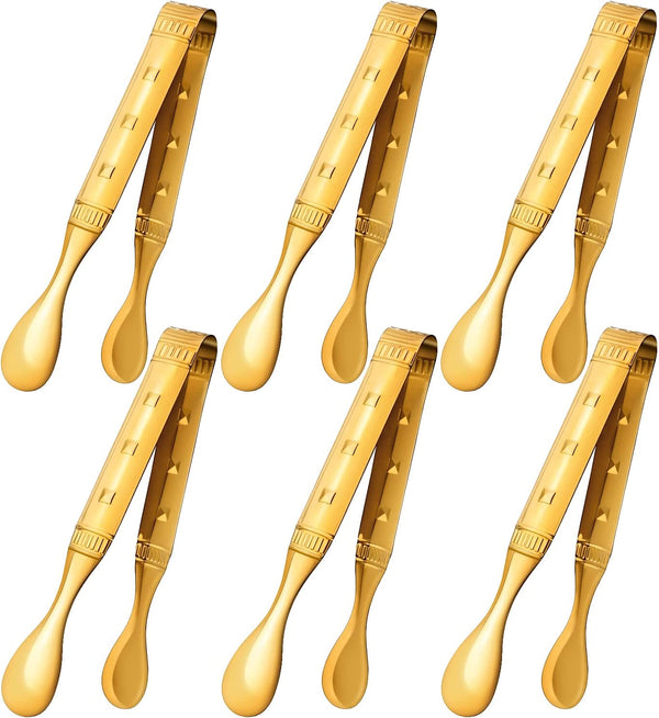 IAXSEE 6-Pieces 6 Inch Gold Tongs Mini Tongs for Appetizers, Gold Serving Utensils Small Tongs for Serving Appetizers Ice Tongs Sugar Tongs