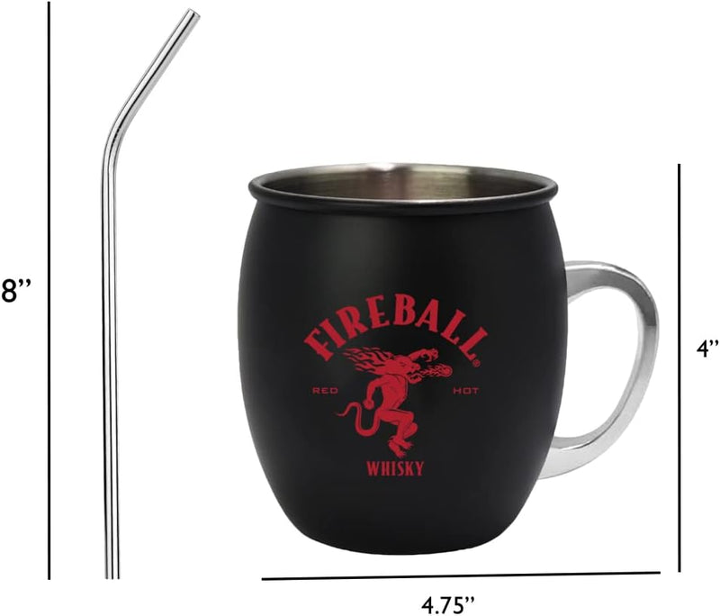 Fireball 2 PIECE MULE MUG WITH STAINLESS STEEL STRAWS, Black, LARGE