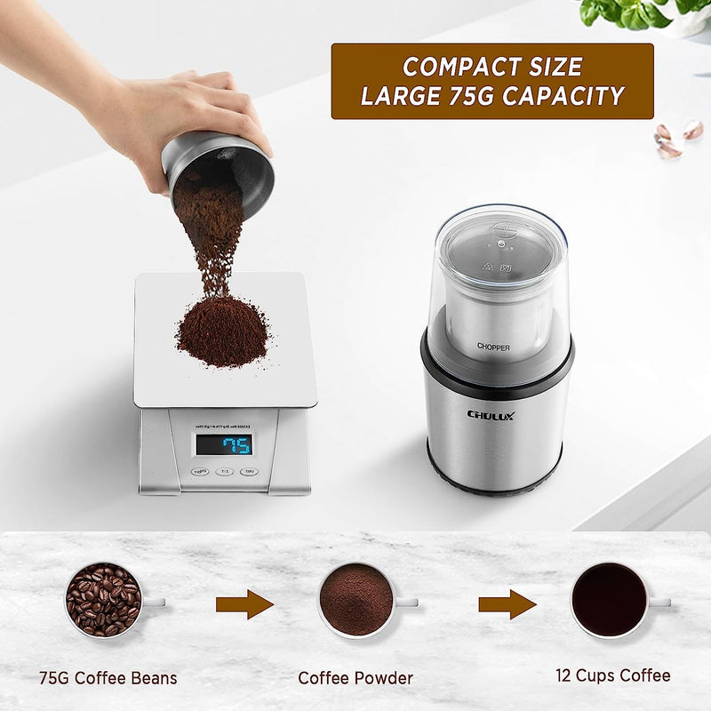 CHULUX Coffee Grinder Electric,Built-In Sharp Blade Spice Grinder with 2 Detachable Stainless Steel Bowls for Coffee, Spices, Herbs, Nuts, Grains,Lid Actived Safety Switch