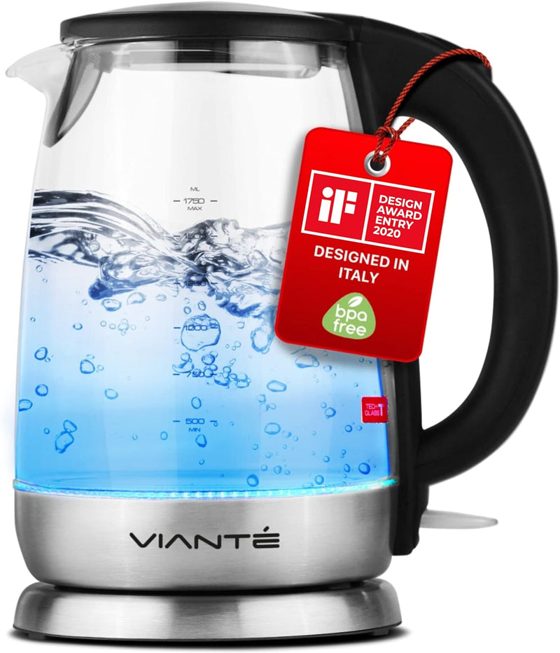Vianté Electric Glass Tea Kettle with Removable Infuser. Hot tea infuser Pot for Loose Leaf & Bagged Tea. BPA-FREE. Stainless Steel & Borosilicate Glass. LED Illuminated. 1.7 Liters capacity.