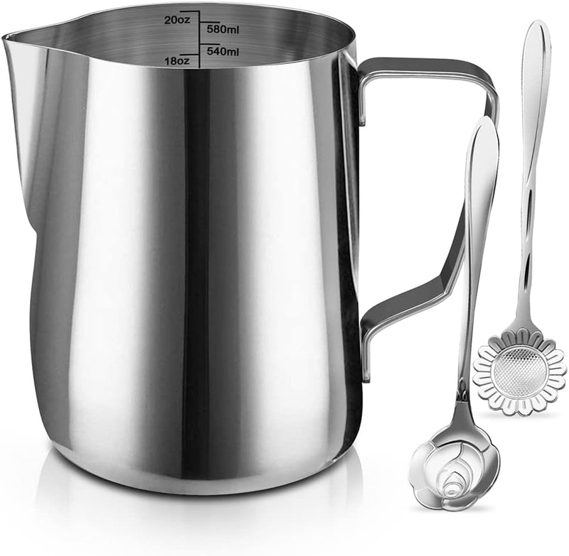 SIKEMAY Milk Frothing Pitcher Jug - 12oz/350ML Stainless Steel Coffee Tools Cup - Suitable for Espresso, Latte Art and Frothing Milk, Attached Dessert Coffee Spoons