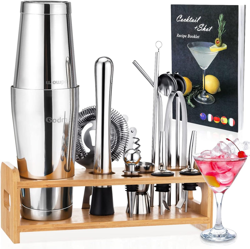 Cocktail Shaker Set Bartender Kit, Godmorn 15Pcs Bartender Shaker Set, 304 Stainless Steel Martini Shaker and Strainer, 550ml /19OZ Bar Tool Set with Bamboo Stand, Recipe Book, for Home and Bar
