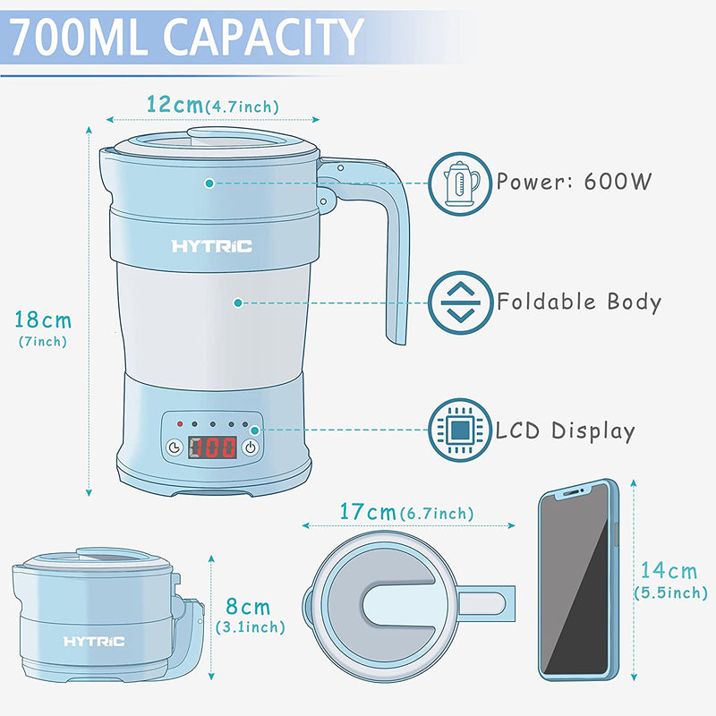 HYTRIC Travel Electric Kettle, 700ML Foldable Small Kettle BPA-Free, Portable Kettle with Multifunctional Panel, Collapsible Hot Water Kettle with Keep Warm & Delay Start, 110V Blue