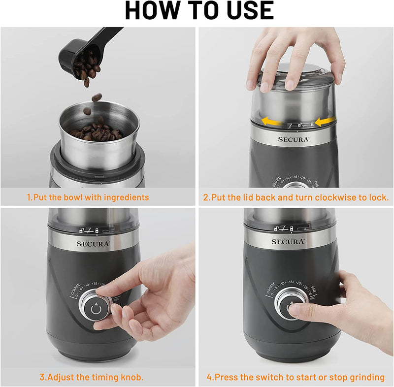 Secura Adjustable Coffee Grinder Electric, Spice Grinder Electric, Coffee Bean Grinder, Multipurpose Grinder for Spices, Herbs, Nuts, Grains with 1 Stainless Steel Blades Removable Bowl, Grey