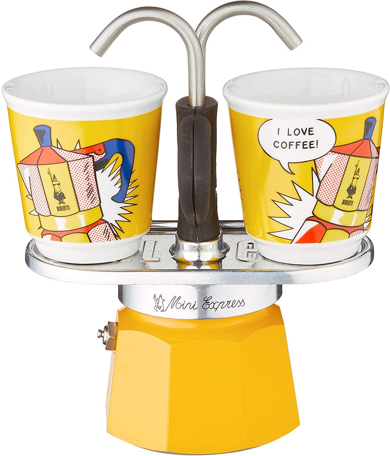 Bialetti - Mini Express Lichtenstein: Moka Set includes Coffee Maker 2-Cup (2.8 Oz) + 2 shot glasses, Yellow, Aluminium