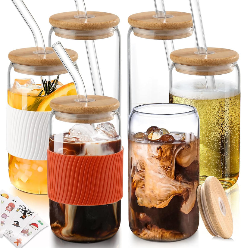 Porkus Glass Cups with Lids and Straws 4pcs,Glass Iced Coffee Cups with Lids 16oz-Drinking Glasses,Cute Cups Glass Coffee Cups with Silicone Sleeve/Stickers