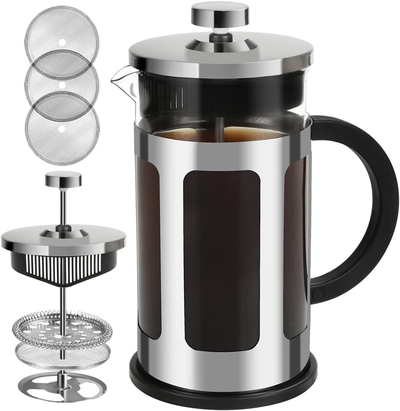 FAVIA French Press Coffee Maker 12 Ounce Stainless Steel with Borosilicate Glass Heat Resistant 4 Level Filtration System for Brew Coffee & Tea Dishwasher Safe 350ml (12oz, Stainless Black)