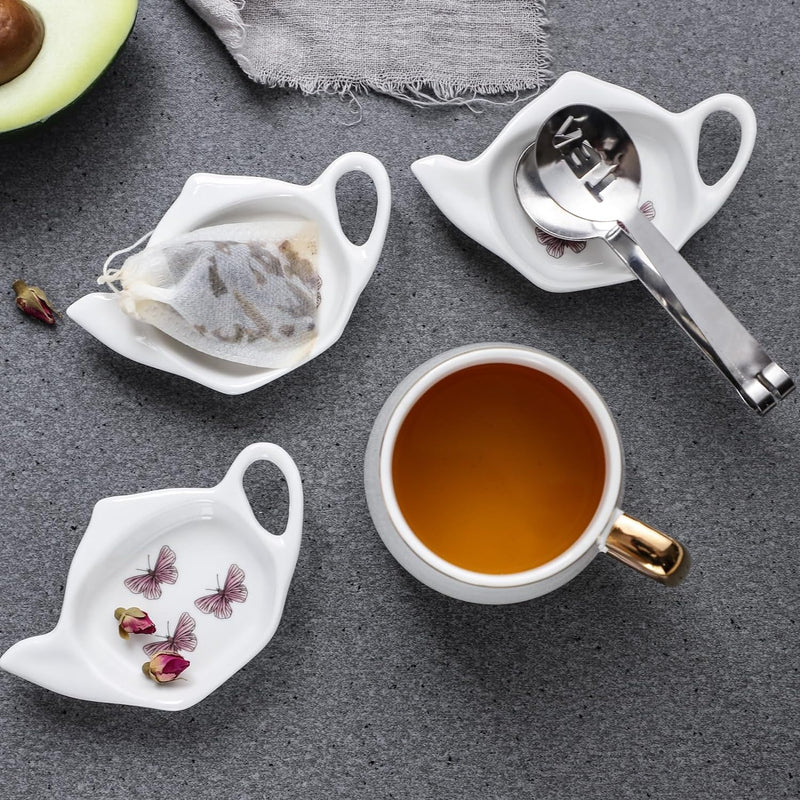 Tea Bag Coaster Set of 6 White Ceramic Tea Bag Holder for Used Tea Bag and Stainless Steel Tea Bag Squeezer (style1)