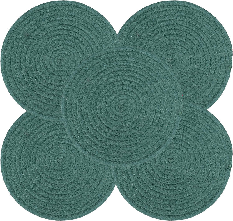 Trivets Set Pot Holders Set Coasters for Countertops Hot Mats Hot Pads 8 Inch Cotton Potholders for Kitchen Ideal for Hot Dishes, Pots, Pans, Teapots, Bowl and Plates 5 pcs Dark Green