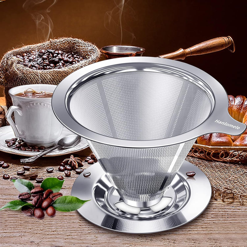 Hanlomele Pour Over Coffee Dripper, Paperless Reusable Coffee Filter, Pour Over Coffee Maker for Single Cup Brew, Double Mesh Design of Stainless Steel Cone Filter for Perfect Extraction (1-2 Cup)