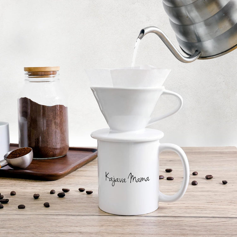 Kajava Mama Pour Over Coffee Dripper - Ceramic Slow Brewing Accessories for Home, Cafe, Restaurants - Easy Manual Brew Maker Gift - Strong Flavor Brewer - V02 Paper Cone Filters - White, 2 Cup