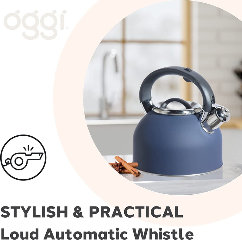 OGGI Tea Kettle for Stove Top - 64oz / 1.9lt, Stainless Steel Kettle with Loud Whistle, Ideal Hot Water Kettle and Water Boiler - Blue