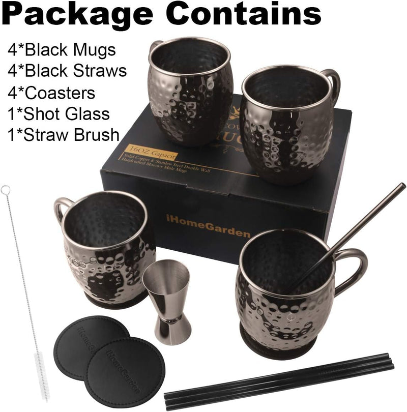 DUNCHATY Moscow Mule Mugs Set of 4, Gift Set Black Mule Mugs Pure Solid Hammered Stainless Steel Mule Mug for Drinking, 16OZ Food Safe 100% Handcrafted Moscow Mule Kit