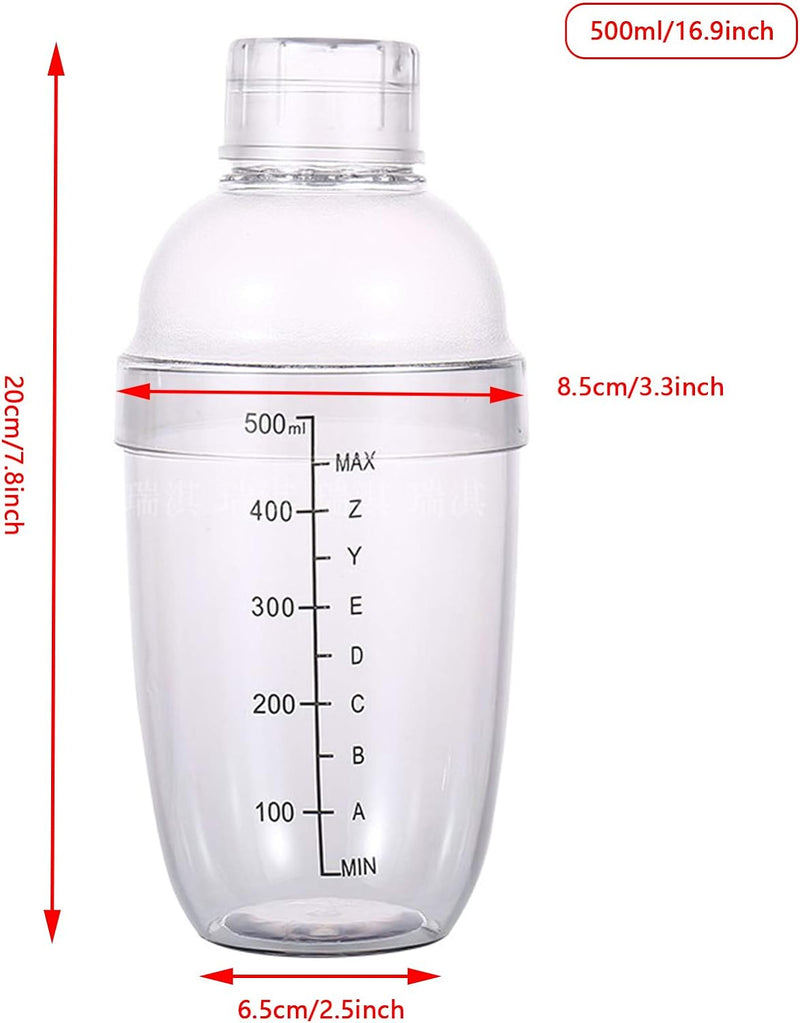 1Pc Plastic Cocktail Shaker with Scale and Strainer Top, Clear Plastic Cocktail Shaker Bottle Wine Mixer Bottle Cocktail Tea Measuring Jigger for Bar Party Home Use (500ml/17oz)