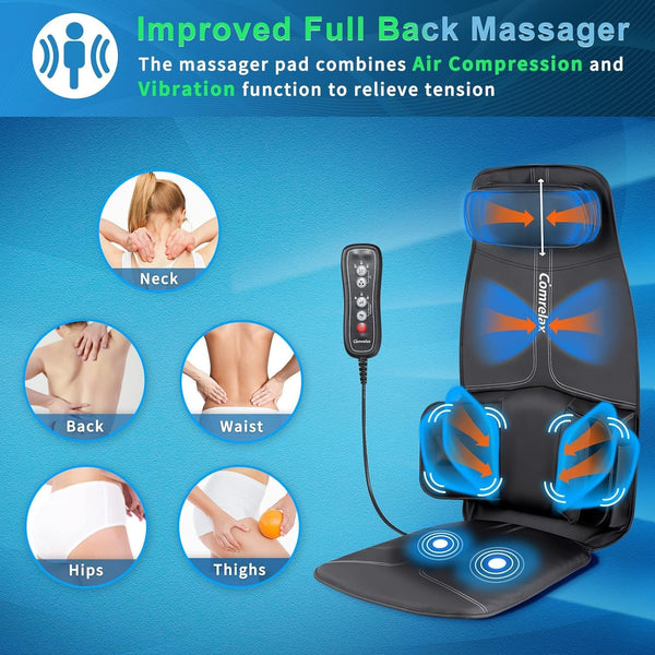 Back-Massager with Compression and Vibration Massage, Massage Chair Pad for Home Office Use, Height-Adjustable Seat Massager Cushion for Neck Back Waist HIPS, 3 Modes & 3 Intensities, Soft Leather