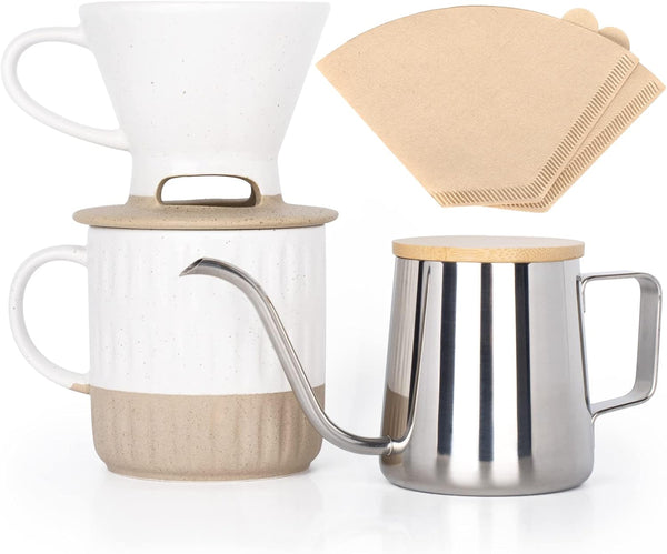 AELS Pour Over Coffee Maker Gift Set, Includes Ceramic Coffee Dripper Brewer & Coffee Mug with Lid, Stainless Steel Gooseneck Kettle & 5pcs Coffee Filter, Manual Single Cup Coffee Maker, Gift Idea
