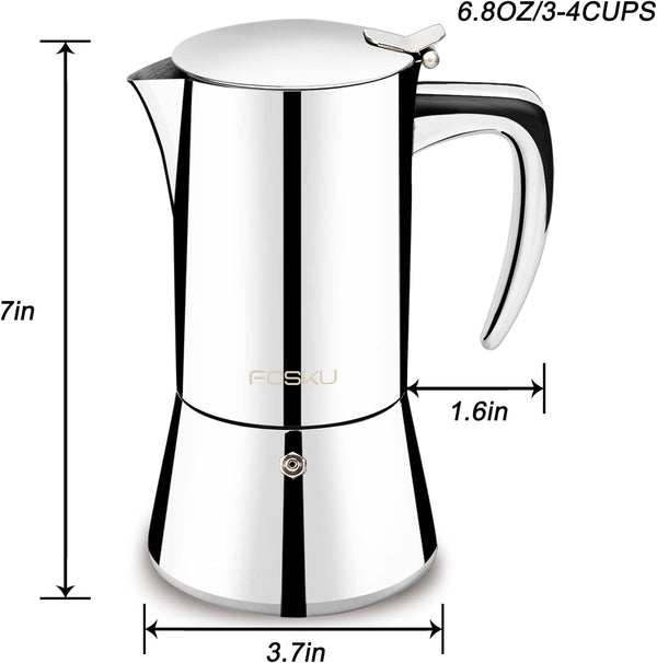 FOSKU Stovetop Espresso Maker, Stainless Steel Moka Pot, Italian Style Coffee Machine Maker Suitable for Induction, Espresso Pot For 3-4 Cups, 200ml