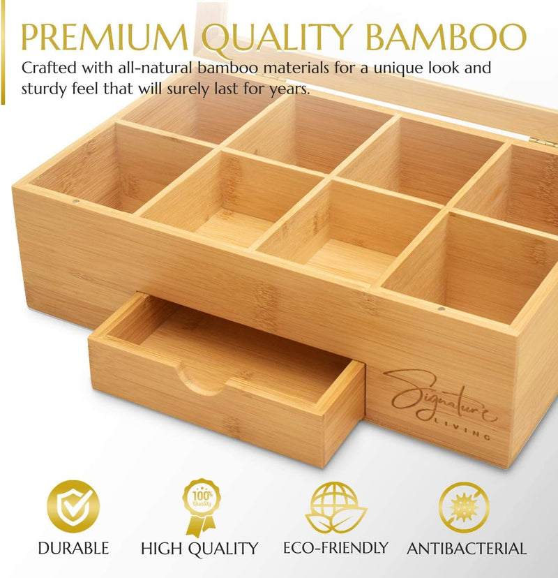 Signature Living Bamboo Wooden Tea Box Storage Organizer with Drawer (8 Compartments) Large Tea Organizer Box for Tea Bags and Loose Tea - Sturdy, Natural Bamboo