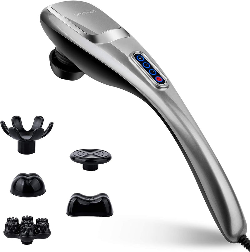 MEGAWISE CORDLESS Handheld Back Massager w/ Rechargeable 3200mAh Battery, 5 Speed and 5 +2 Massage Nodes with hard, medium and 2 soft silicone Nodes; Massage while moving around (Perarl White)