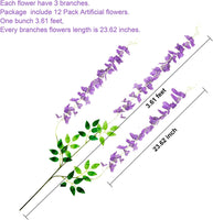 24 PCS Artificial Flower Wisteria Fake Bushy Silk Vine Ratta Hanging Garland for Wedding Party Garden Outdoor Greenery, Purple