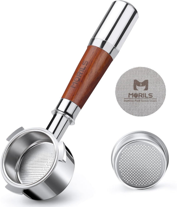 MORILS 54mm Bottomless Portafilter with Double Shot Filter Basket & Premium Walnutwood Handle, Portafilter Compatible with 54mm Breville Machines, Espresso Accessories(Puck Screen)