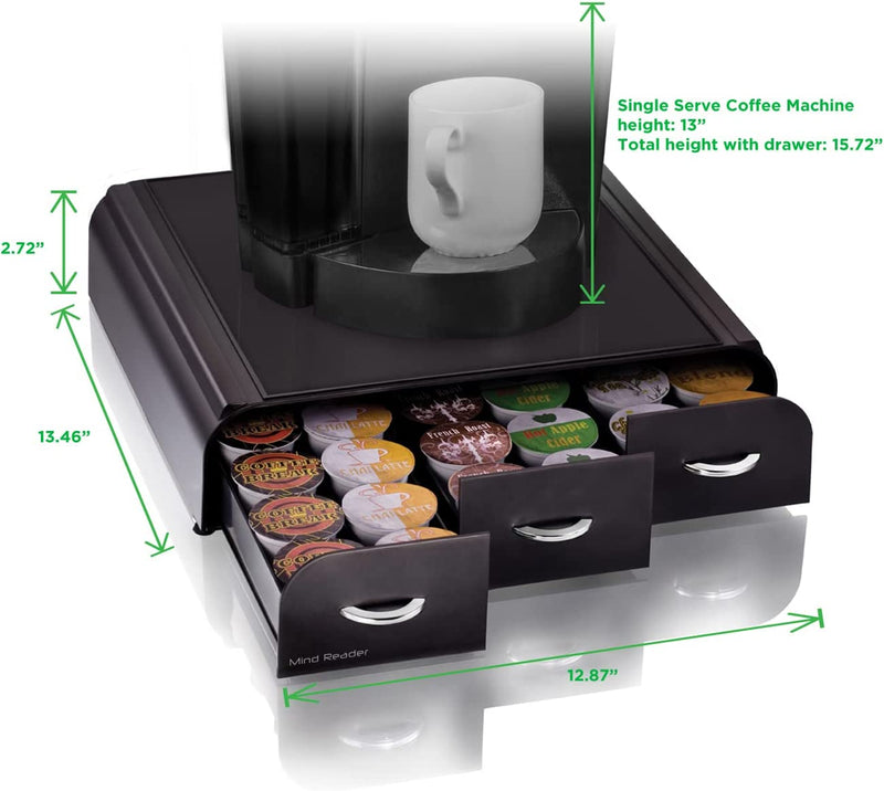 Mind Reader Single Serve Coffee Organizer with 3 Drawers 36 Pod Capacity, 13.5" L x 12.25" W x 2.5" H, Black