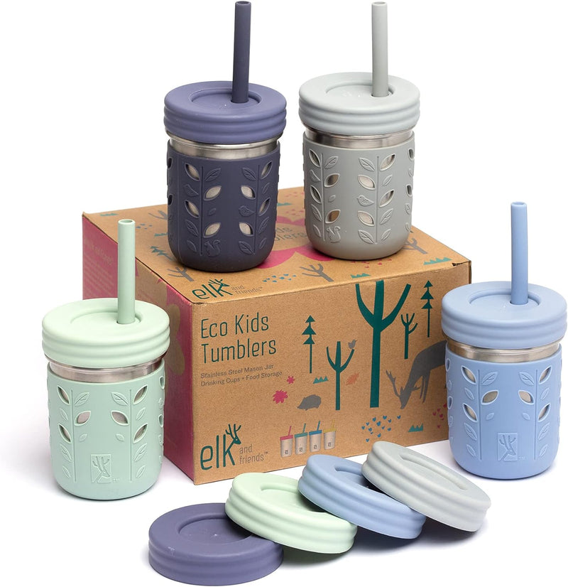 Elk and Friends Stainless Steel Cups | Mason Jar 10oz | Kids & Toddler Cups with Silicone Sleeves & Straws with Stopper | Spill proof Smoothie Cups