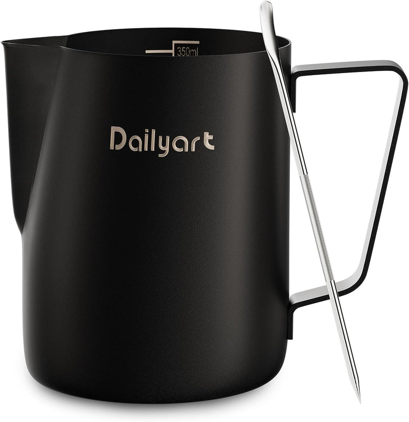 Milk Frothing Pitcher, Dailyart 12oz/350ML Milk Frother Cup 304 Stainless Steel Espresso Milk Steaming Pitcher with Art Pen, Espresso Machine Accessories Milk Pitcher for Cappuccino, Latte Art