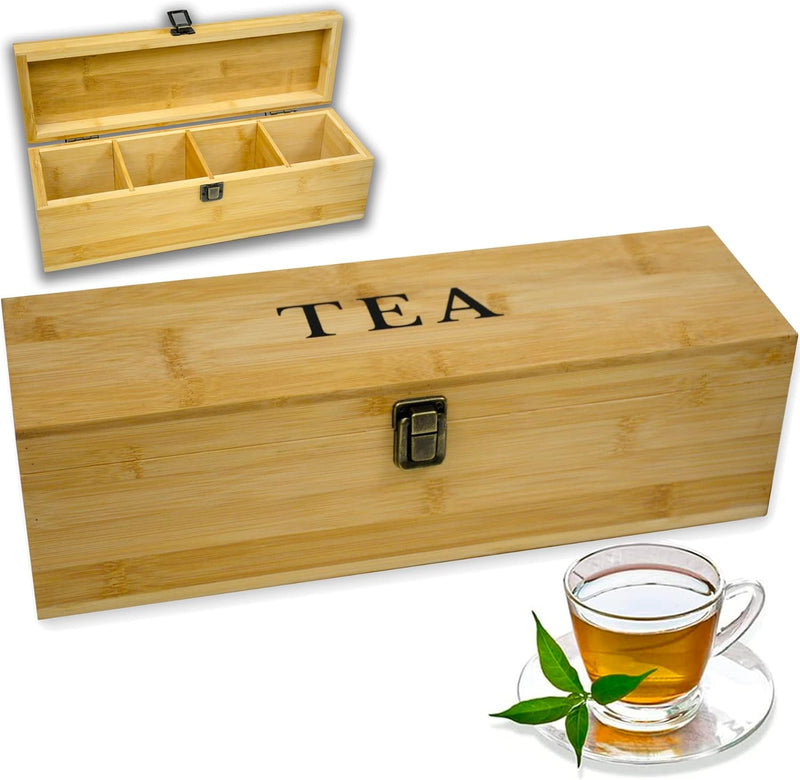 Zen Earth Inspired Bamboo Tea Organizer Box Chemical Free Eco-Friendly Big, Tall, Adjustable Cubbies Natural Wooden Storage Chest (6-Slot 11" x 8.1" x 4.2" with TEA print design)