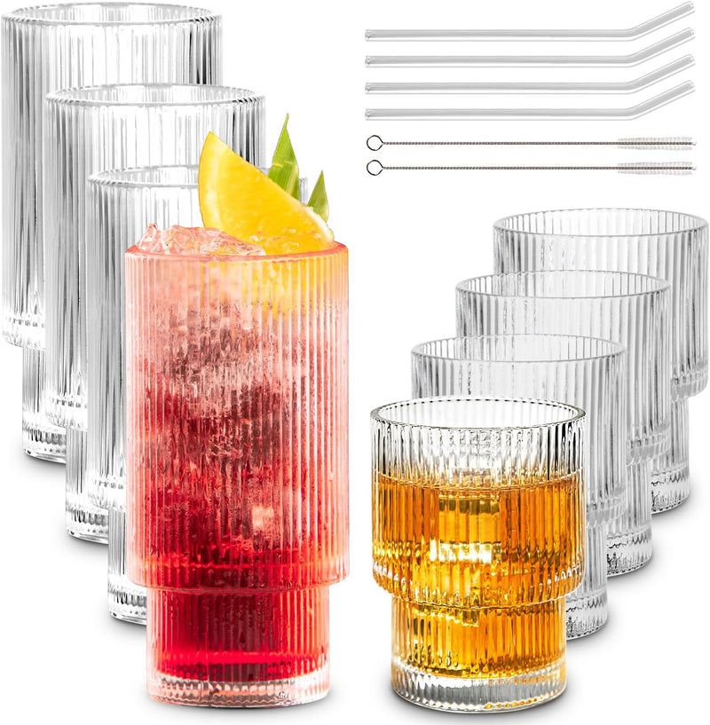 Combler Drinking Glasses, Cocktail Glasses 6 oz, Ribbed Glass Cups Set of 4, Coffee Bar Accessories, Small Cute Ribbed Glassware for Whiskey Tea Soda Iced Coffee Cup, Birthday Gifts for Women