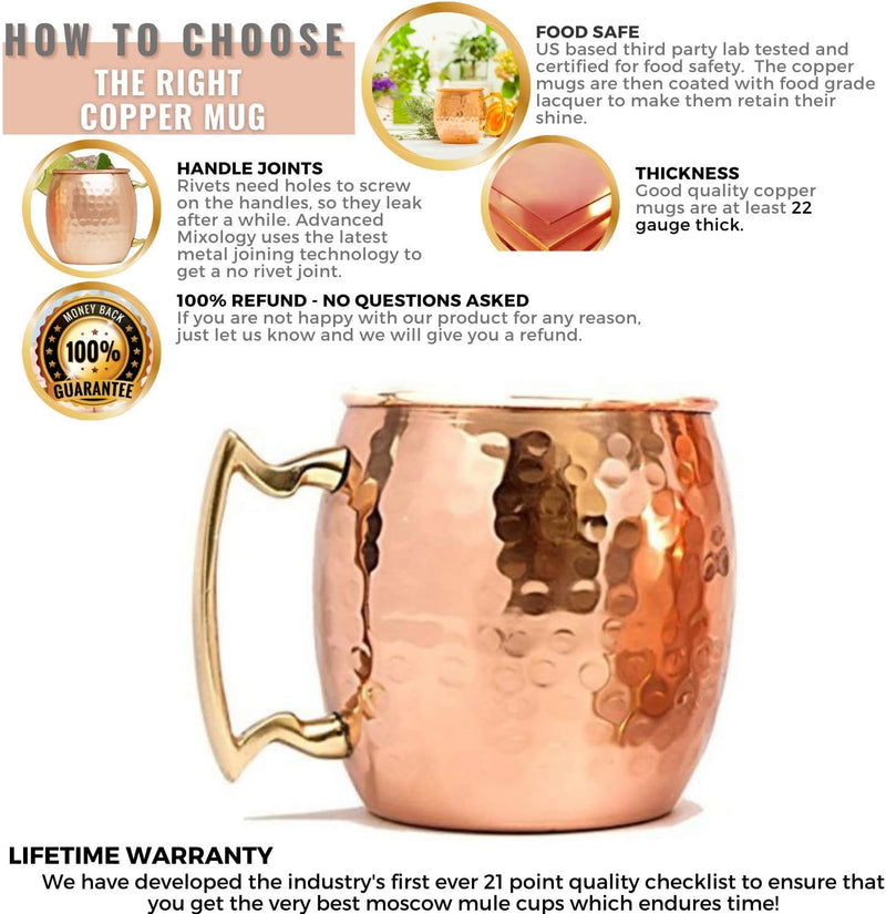 Kitchen Science [Gift Set] Moscow Mule Copper Mugs Set of 6 (16oz) w/Straws & Jigger | 100% Pure Copper Cups, Tarnish-Resistant Food Grade Lacquered Finish, Ergonomic Handle (No Rivet) w/Solid Grip