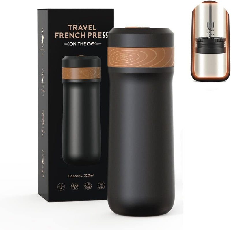 The Original Portable French Press Stainless Steel Coffee Maker Premium Vacuum Insulated Travel Mug Hot & Cold Brew French Presses (Black upgraded Version)