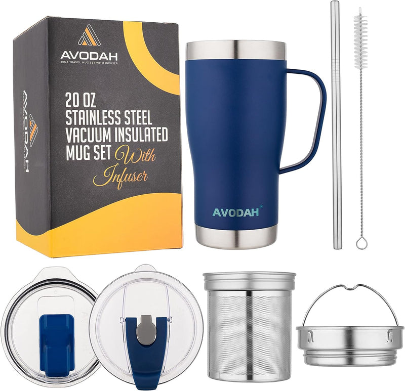 AVODAH 20 oz Tea Cup with Tea Infuser and Lid. Tea Infuser Mug with Tea Strainer, Two Lids & Straw. Coffee Travel Mug with Tea Accessories for Cold Brew (Lilac)