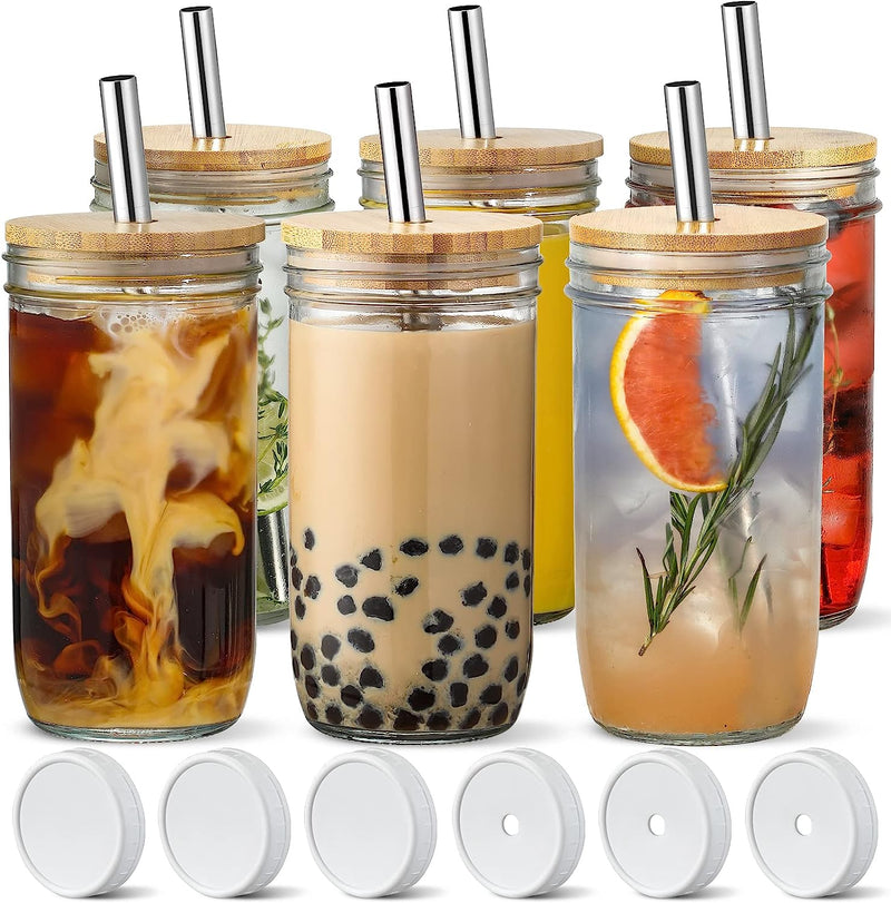 [ 4 Pack ] Glass Cups Set - 24oz Mason Jar Drinking Glasses w Bamboo Lids & Straws 2 Airtight Cute Reusable Boba Bottle, Iced Coffee Glasses, Travel Tumbler for Bubble Tea, smoothie, Juice