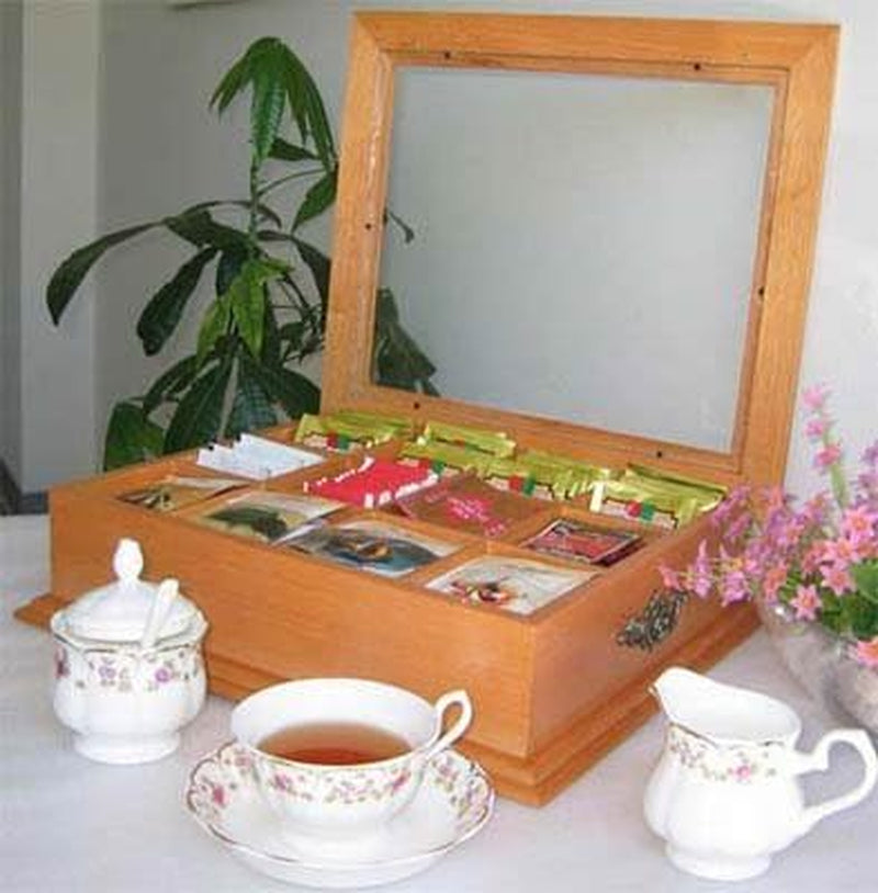 DisplayGifts Large Tea Bag Chest Cabinet/Tea Bag Spices Storage Box Glass Top Solid Solid Wood Oak Finish