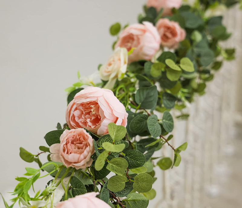 Eucalyptus and Rose Floral Garland with 16 Flowers for Wedding and Home Decor Pink