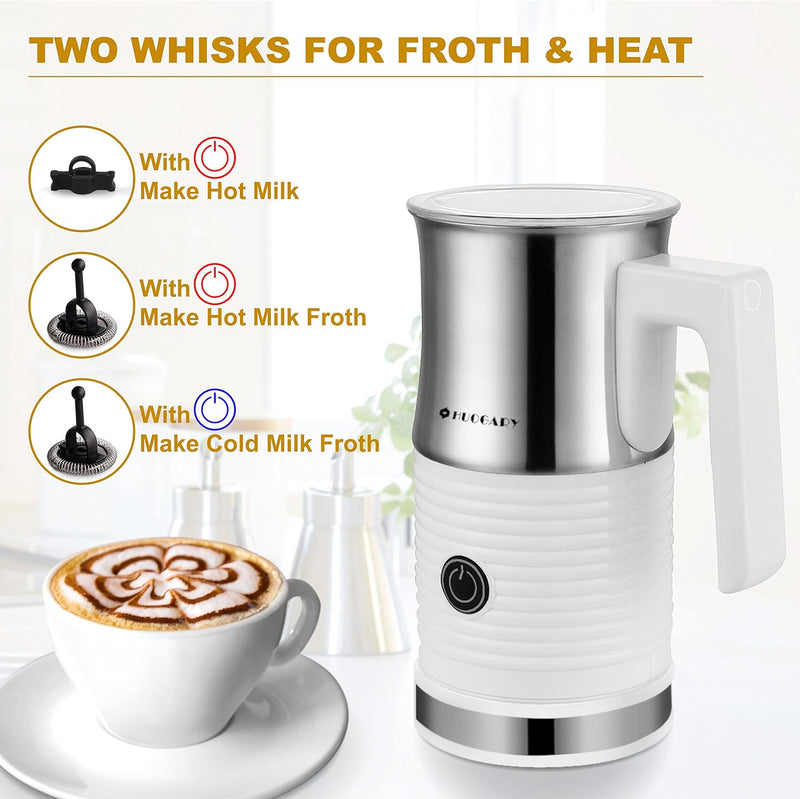 Huogary Electric Milk Frother and Steamer - Stainless Steel Milk Steamer with Hot and Cold Froth Function, Automatic Foam Maker, 120V (White)