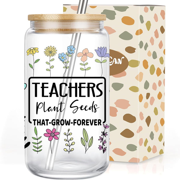Coolife Teacher Cup, 16 oz Drinking Glass Cups w/Bamboo Lids Straws - Best Teacher Christmas, Birthday Gifts, Teacher Appreciation Gifts for Women, Glass Tumbler Teachers Cups for Iced Coffee