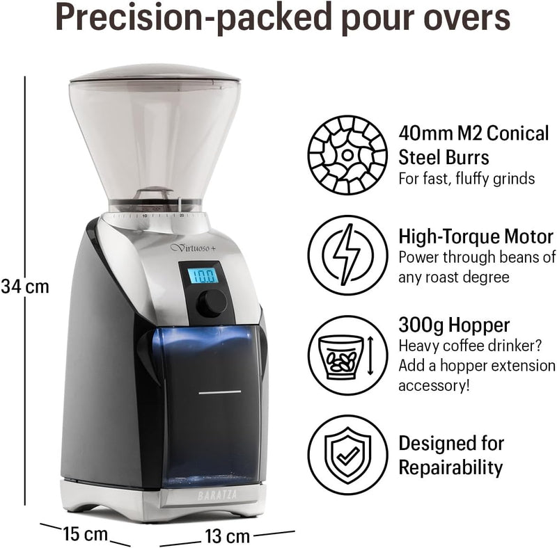 Baratza Virtuoso+ Conical Burr Coffee Grinder with Digital Timer Display