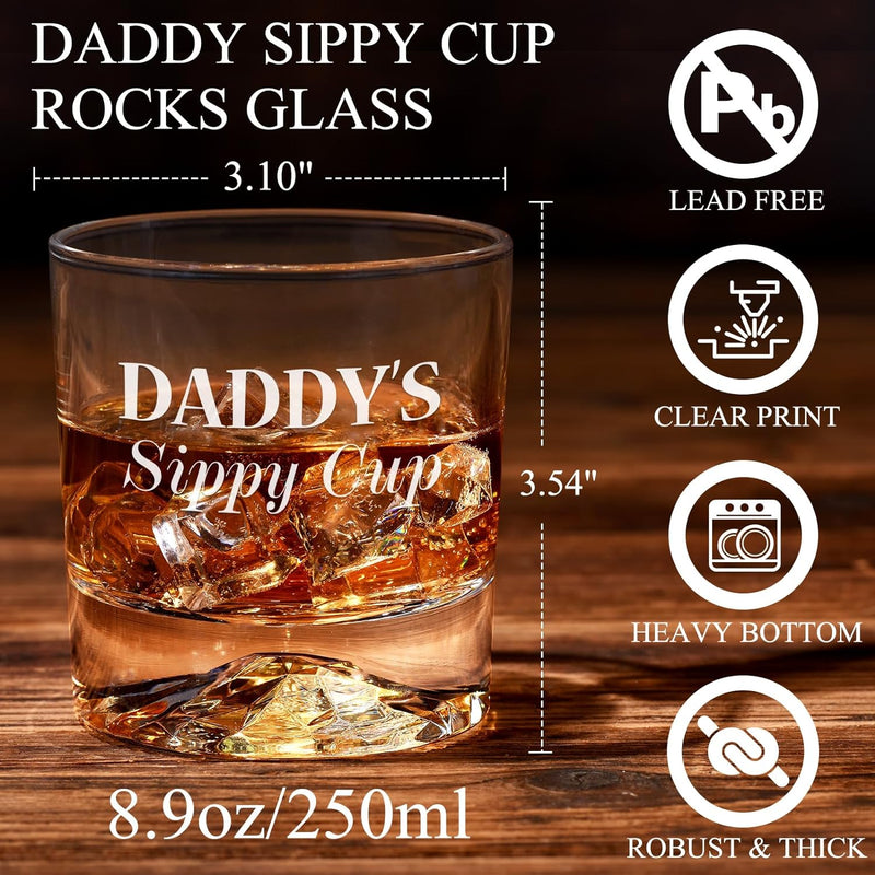 Gifts for Dad Christmas, Daddy Sippy Cup Whiskey Glass Gifts Set with 4 Whiskey Stones & Wooden Box, Funny Gag Christmas Gifts for New Dad Him Husband, Dad Birthday Gift, Christmas Stocking Stuffers