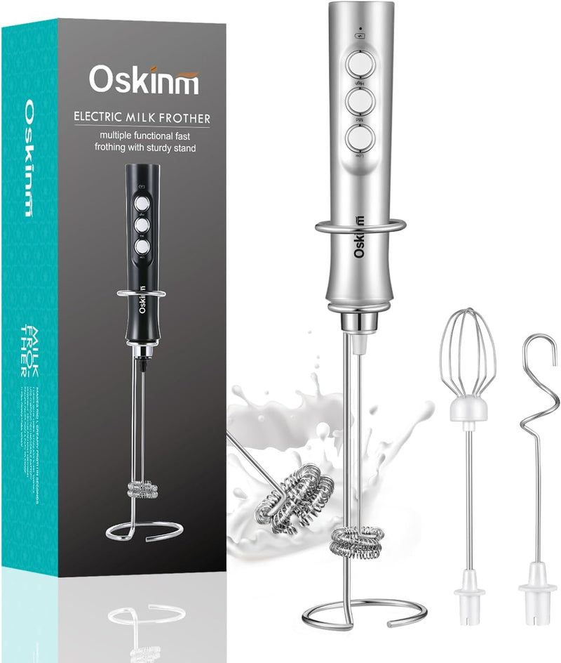 Oskinm Milk Frother Handheld with 3 Stainless Steel Whisks, USB Rechargeable Electric Foam Maker, Drink Mixer with 3 Speeds for Coffee, Bulletproof Coffee, Latte, Matcha