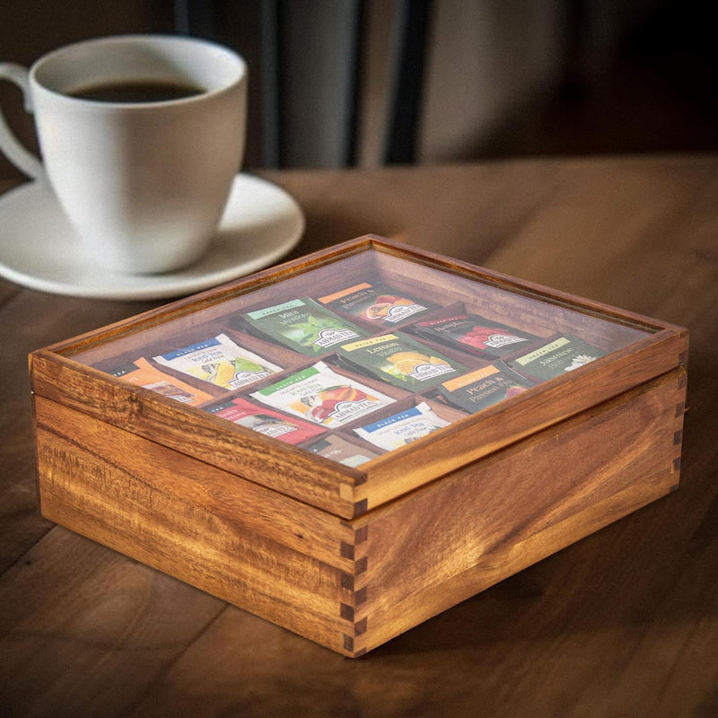 KITEISCAT Acacia Wood Tea Bag Organizer: 12-Compartment Multi-Functional Tea Box and Storage Organizer for Tea Bags