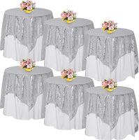 6 Pcs Square Sequin Tablecloth Overlays Wedding Table Decoration 50 X 50 Inch Sparkly Glitter Shimmer Table Cover Table Linen for Bridal Party Fiesta Baby Shower Holiday Supplies (Silver)
