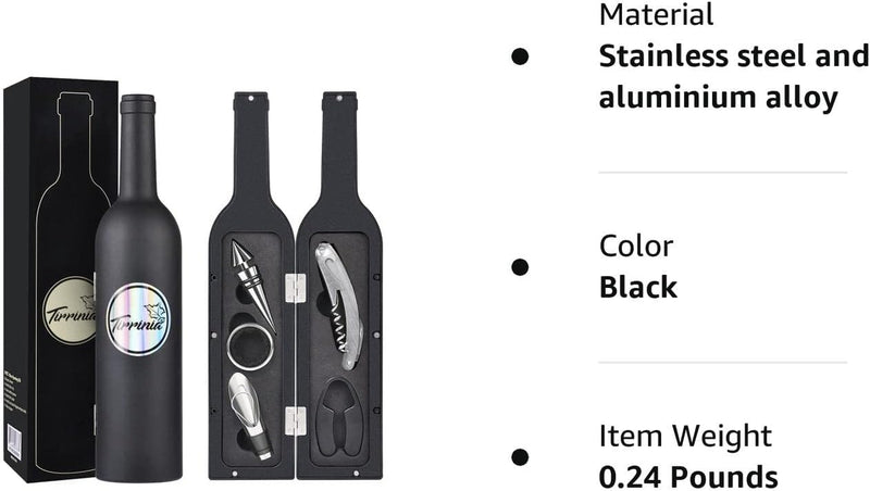 Kato Wine Accessories Gift Set - Wine Bottle Corkscrew Opener Kit, Drip Ring, Foil Cutter and Wine Pourer and Stopper in Novelty Bottle-Shaped Case Valentine's Gift, Black
