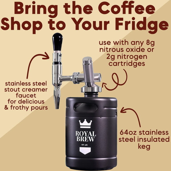 The Original Royal Brew Nitro Cold Brew Coffee Maker - Gift for Coffee Lovers - 64 oz Home Keg, Nitrogen Gas System Coffee Dispenser Kit